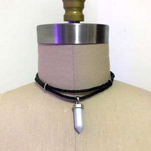 Leather cord choker with white stone pendant